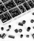 Massive 300 Piece Black Nylon Round Spacers Set Of 14 Sizes For M6 And M8 Screws Essential Electrical Outlet Kit For DIYers And Pros Durable Spacers For Installations And Repairs, assorted black nylon spacers in storage tray
