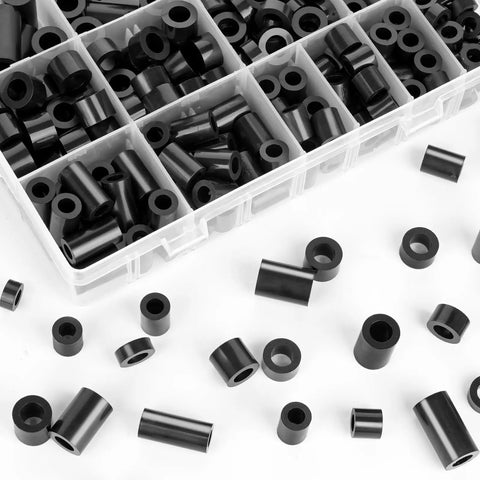 Massive 300 Piece Black Nylon Round Spacers Set Of 14 Sizes For M6 And M8 Screws Essential Electrical Outlet Kit For DIYers And Pros Durable Spacers For Installations And Repairs, assorted black nylon spacers in storage tray