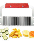 Crinkle cutter with wooden handle and stainless steel blade; extra-large potato slicer shown with cucumber rounds and fries.