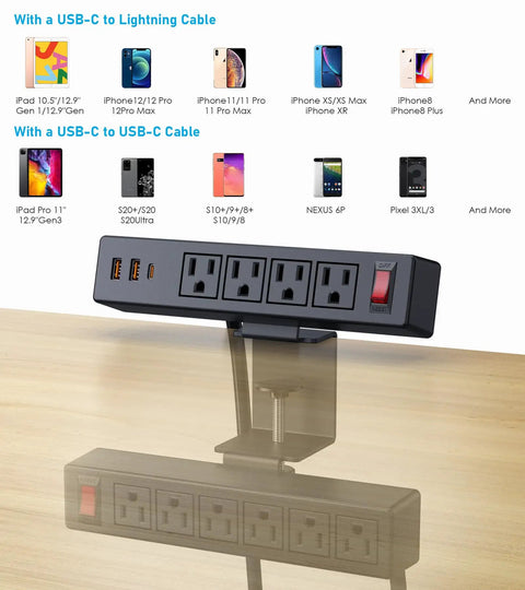Under Desk Clamp Power Strip With 10 Outlets And 3 USB Ports, 20W USB-C Fast Charge, 6 Ft Cord, Desktop Edge Mount Charging Station