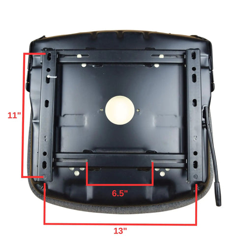 Rugged Workhorse Universal Operator Seat for Backhoes Dozers Excavators Wheel Loaders Skid Steers Telehandlers Adjustable Armrest and Backrest, 6.5 to 13 Inch Sliding Rails, Waterproof Vinyl, Contoured Foam Cushions, Flange Bolt Mount bottom view