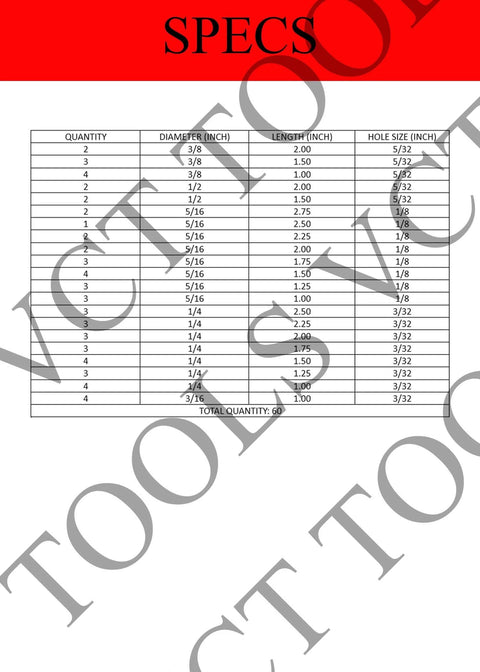 60 Piece Clevis Pin Set With Head For Tractor Hitch In Storage Case Includes Pins With One Eighth Inch And Thirty Second Inch Holes And Five Thirty Second Inch Length Pins From One Inch Up To Two And Three Quarters Inches 21 Sizes specs table showing dimensions and quantities.