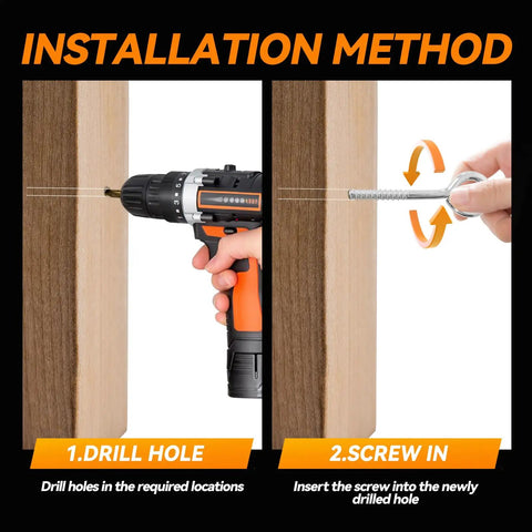 Installation method for Two Pack 6 Inch Heavy Duty Screw Eyes Hooks In 304 Stainless Steel Self Tapping Eye Bolts For Wood