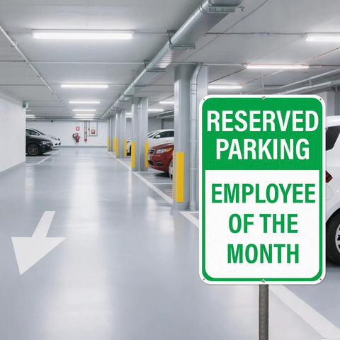 12 By 18 Inches Employee Of The Month Parking Signs 2 Pack Reflective Aluminum Waterproof Fade Resistant Heavy Duty Outdoor Reserved Parking Signage With UV Protected Finish in garage
