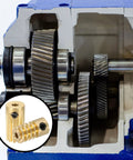 Cutaway side view of uxcell worm gear reducer with steel gears; inset shows brass worm gear set