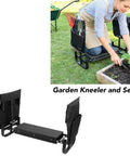 Foldable Garden Kneeler Seat With Tool Pouches Adjustable Height Gardening Stool Bench For Kneeling And Sitting Wide Comfortable Design For Gardening Camping And Picnics Black shown in use and folded position