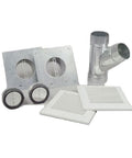 WhisperLine Double Inlet 4 Inch Duct Installation Kit For Quiet Home Ventilation With No Fuss Easy Install Grille System Includes Two 4 Inch Double Duct Inlets For Metal Plate displayed with grilles and ducts