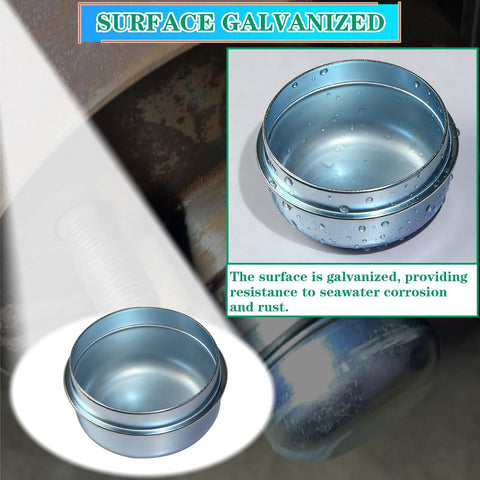 Two 1.98-inch galvanized trailer hub dust caps for boat trailers, bearing center replacement