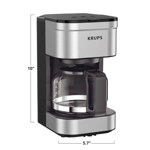Compact Five Cup Coffee Maker With Stainless Steel Design And Pause And Brew Function Keep Warm Reusable Filter Drip Free Carafe Perfect For Small Kitchens Or Offices, front view