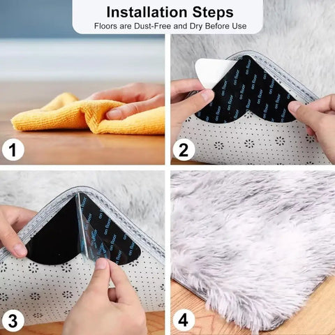 Step-by-step installation of 16 Pack Rug Corner Grippers For Hardwood Floors Keep Rugs From Sliding Down, Non Slip Under Rug Tape