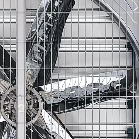 Boss Level Industrial Exhaust Fan Features Savage Six Blade Turbine Design view showing six blades and grille in detail.
