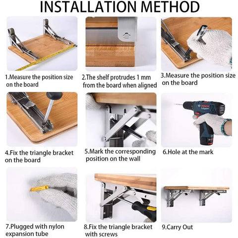 Installation method for Beefy 10 Inch Folding Shelf Brackets Set of 2, Stainless Steel Collapsible Brackets.