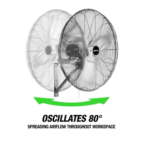 Beastly 30 Inch Indoor Oscillating Wall Fan With 9500 CFM Max, demonstrating 80-degree swing for workspace airflow