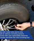 RV Tire Pressure Monitoring System With 2 Flow-Through Sensors For Metal Valve Stems, Easy Install TPMS Kit For Caravans, Motorhomes, And Campervans RV Ready, hand installing sensor on RV tire