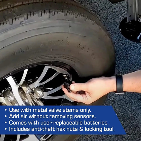 RV Tire Pressure Monitoring System With 2 Flow-Through Sensors For Metal Valve Stems, Easy Install TPMS Kit For Caravans, Motorhomes, And Campervans RV Ready, hand installing sensor on RV tire