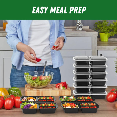 Person in kitchen with stacked 32 Ounce Meal Prep Containers With Lids Three Compartment Reusable Plastic To Go Takeout Food Storage Boxes