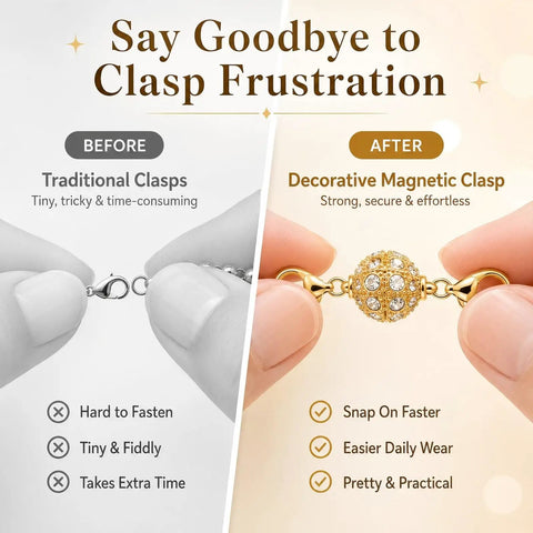 Comparison of traditional clasps and a decorative magnetic clasp from the 12 Pack Magnetic Necklace Clasp Extenders In Gold And Silver Easy Lobster Closure Converters For Necklaces And Bracelets Must Have For Effortless Jewelry Switching For Women Seniors Everyday.
