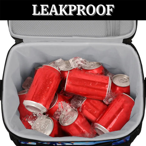 Insulated Picnic Backpack Lunch Bag For All Day Outings, open with ice and cans, showing leakproof insulated interior
