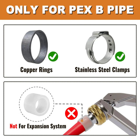 Crimp PEX Washing Machine Outlet Box With Center Drain, compatible fittings, copper ring, and stainless steel clamp