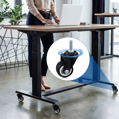 12 Pack 1.5 Inch Swivel Caster Wheels PU Pro Grade Threaded Stem on an adjustable desk for easy mobility and support.