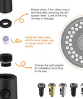 No Sweat Matte Black Kitchen Faucet Replacement Head With Solid 15 Piece Adapter Kit installation guide with rubber rings and check valve details.