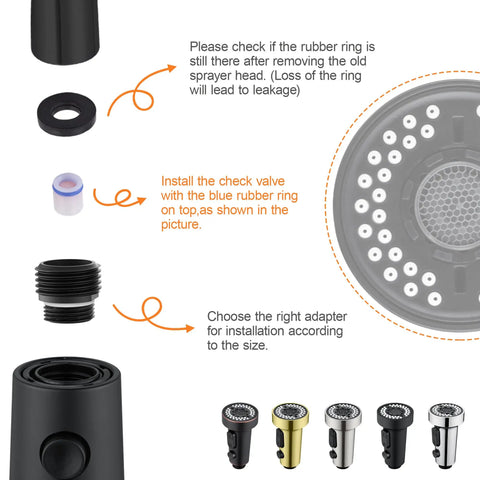 No Sweat Matte Black Kitchen Faucet Replacement Head With Solid 15 Piece Adapter Kit installation guide with rubber rings and check valve details.