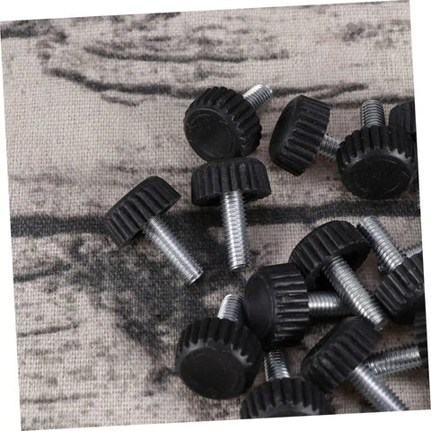 20 Pc Adjustable Furniture Feet With Threaded Plastic Glides showing steel core plastic base black glides on fabric surface.