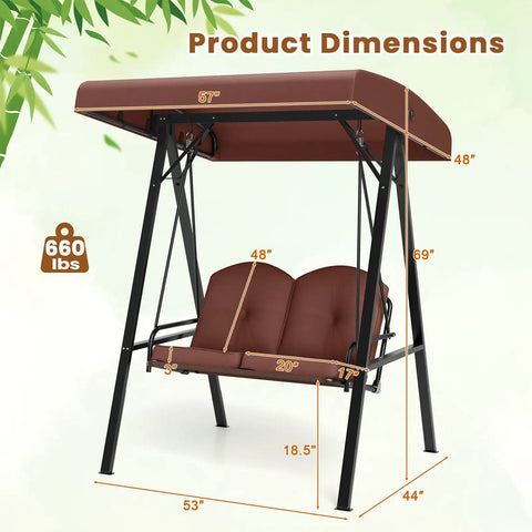Two Person Patio Porch Swing With Adjustable Canopy Heavy Duty Metal Frame Comfy Cushions Outdoor Garden Swing dimensions