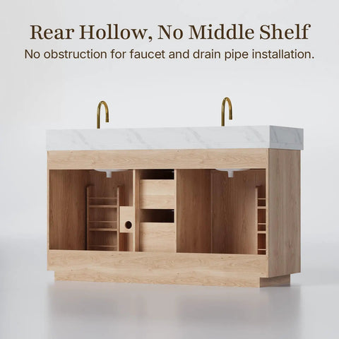 60 Inch Freestanding Double Sink Bathroom Vanity With White Quartz Countertop and Fluted Wood Finish, showing rear hollow design for plumbing.
