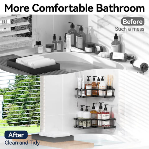Before and after installation of No Drill Corner Shower Caddy Set, Stainless Steel Wall Mounted Bathroom Organizer With Removable Hooks, Rustproof Shower Shelf, 2 Pack For Dorms And Renters, Black.
