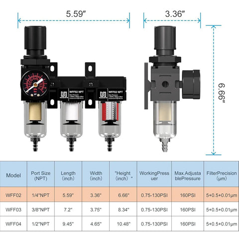 One Quarter Inch NPT Air Drying System With Pro Grade Inline Filter Regulator, dimensions and specifications chart