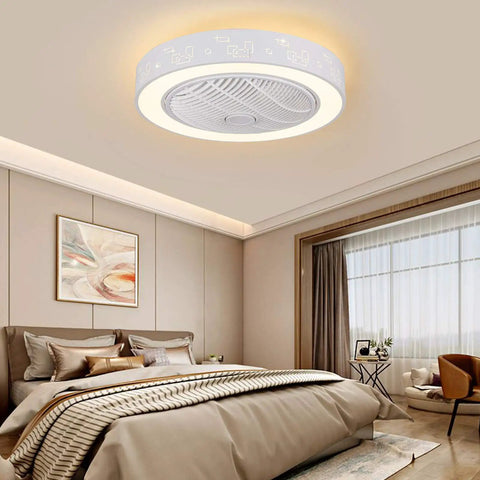 21.6 Inch Ceiling Fan with Light, Remote Control,3-Color Dimmable White LED installed in a stylish bedroom ceiling.