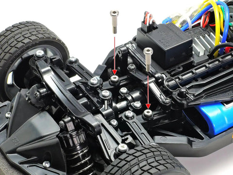 TT02 3x18mm Low Friction Step Screws Two Piece Upgrade for RC car installation showing screw positions in steering system