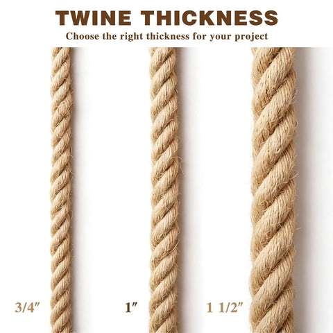 Comparison of 3/4 inch, 1 inch, and 1 1/2 inch jute ropes for the product 1 Inch Thick Natural Jute Rope 100 Feet Heavy Duty Twisted Manila Hemp.