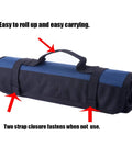 Roll Up Tool Organizer With Pockets For Wrenches And Screwdrivers, blue and black, rolled up with handle and strap closures