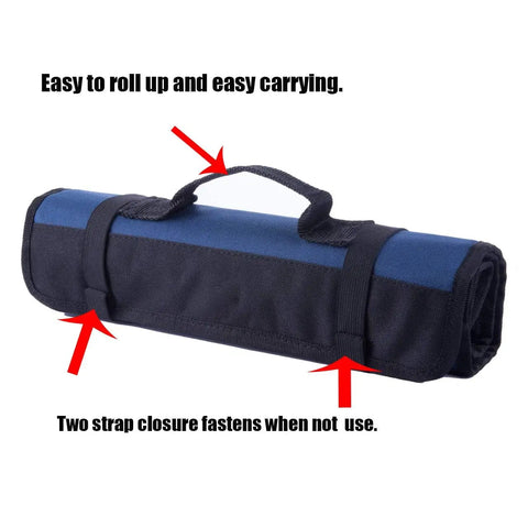 Roll Up Tool Organizer With Pockets For Wrenches And Screwdrivers, blue and black, rolled up with handle and strap closures