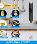 Milk Frother Handheld Electric Blender Stick With Double Coil Stainless Steel Whisk, Battery Operated Foam Maker next to drink images