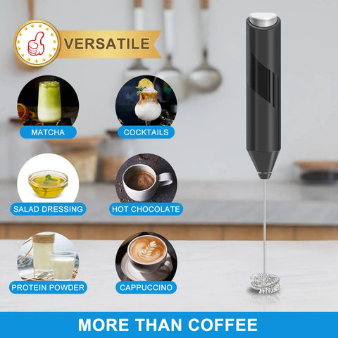 Milk Frother Handheld Electric Blender Stick With Double Coil Stainless Steel Whisk, Battery Operated Foam Maker next to drink images