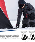 Person securing tent with Deluxe Ice Fishing Shelter Tie Down Kit For Eskimo Tents With Carabiner Attachments, Rock Solid Anchors.