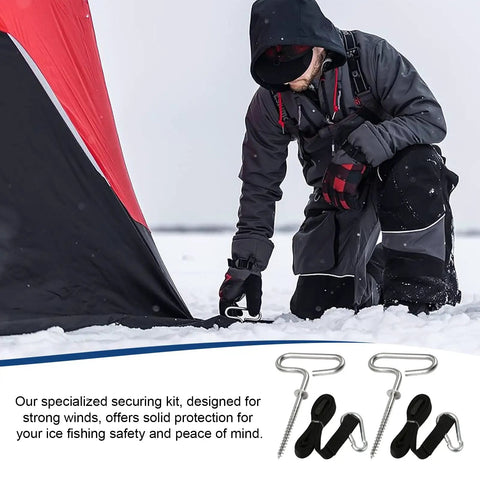 Person securing tent with Deluxe Ice Fishing Shelter Tie Down Kit For Eskimo Tents With Carabiner Attachments, Rock Solid Anchors.