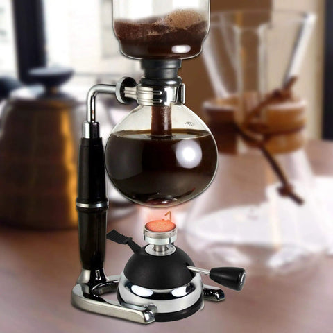 Refillable Butane Mini Burner for tabletop siphon coffee makers with glass globe and stand, pro grade windproof torch head.