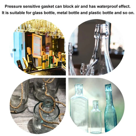 Premium Aluminum Foil Sealing Gasket Liners For Plastic Silver Bottles And Glass Jars To Keep Herbs Spices Fresh Waterproof Pressure Sensitive Air Seal Cap Insert collage of various bottle types with gaskets