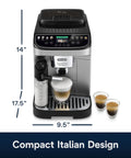 Certified Renewed Fully Automatic Espresso Machine With Built In Grinder And No Fuss Milk Frother Programmable One Touch Coffee Maker displaying measurement dimensions.