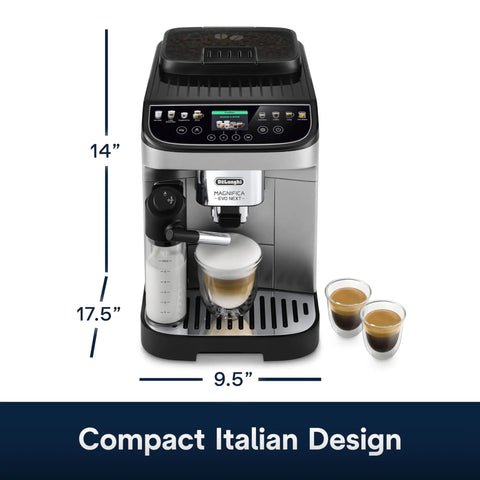 Certified Renewed Fully Automatic Espresso Machine With Built In Grinder And No Fuss Milk Frother Programmable One Touch Coffee Maker displaying measurement dimensions.
