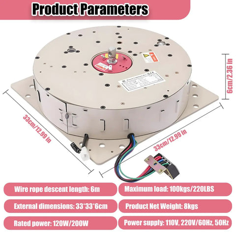 2 In 1 Chandelier Hoist System With Remote And Wall Switch For Pendant Lamps showing dimensions and specifications