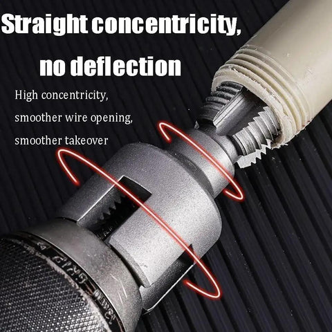 Close-up of Two In One PVC Pipe Threader Kit for internal and external threads, electric drill compatible, showing thread cutting.