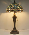 Lit Tiffany Style Sea Blue Dragonfly Stained Glass Table Lamp, 12 Inch Shade, 22 Inch Tall Bedside Desk Reading Light
