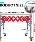 Heavy Duty Adjustable Conveyor Roller Table With 2 Hooks Supports Up to 600 Lbs showing dimensions from 13 to 47 inches and height options.