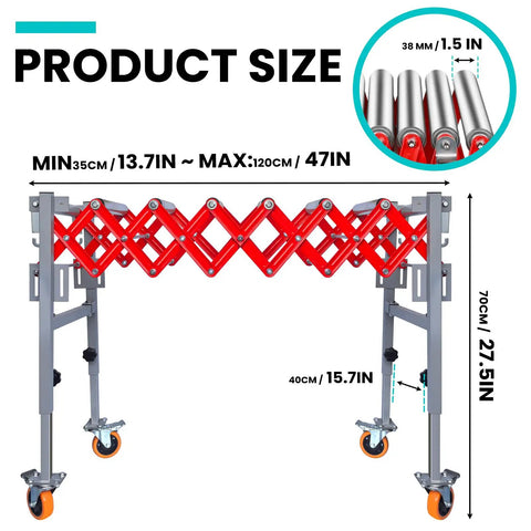 Heavy Duty Adjustable Conveyor Roller Table With 2 Hooks Supports Up to 600 Lbs showing dimensions from 13 to 47 inches and height options.