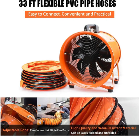 8-Inch High-Velocity Portable Blower Fan With 33-Foot Flexible Duct Hose and heavy-duty design for industrial use.